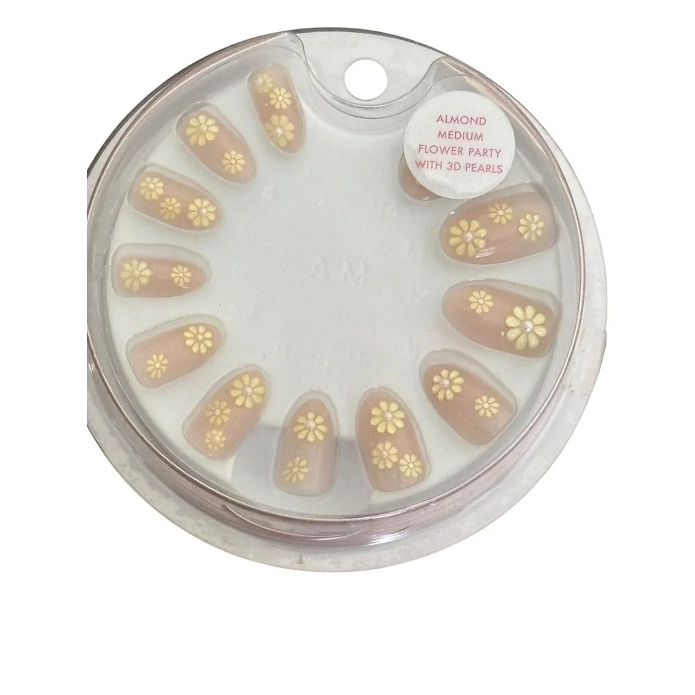 Flower Party Press On Nails Almond Medium Yellow Daisy Floral 3D Pearls 32ct